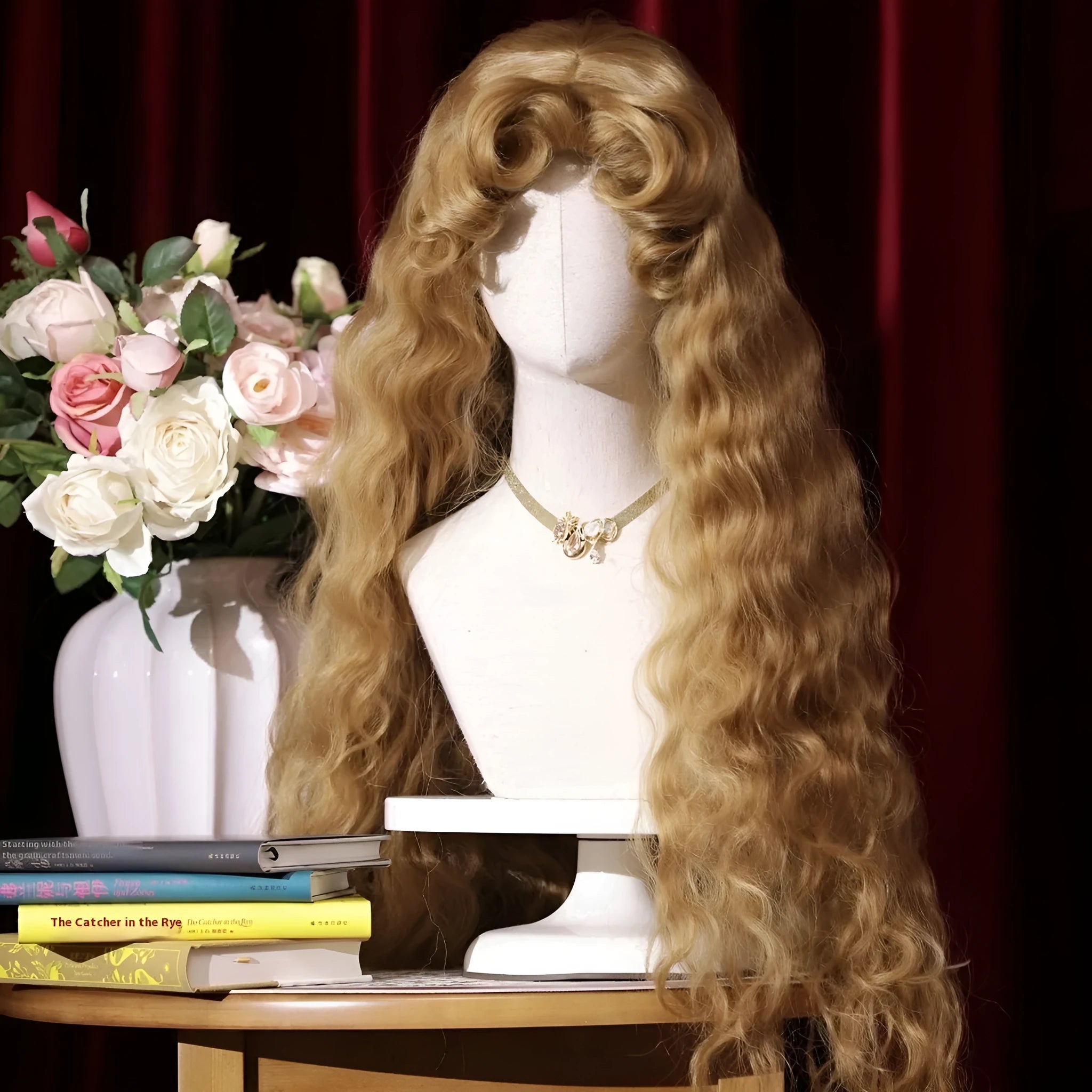 French Fluffy Small Curls Lolita Long Wig in French Golden Brown with hairnet, high temperature fibre