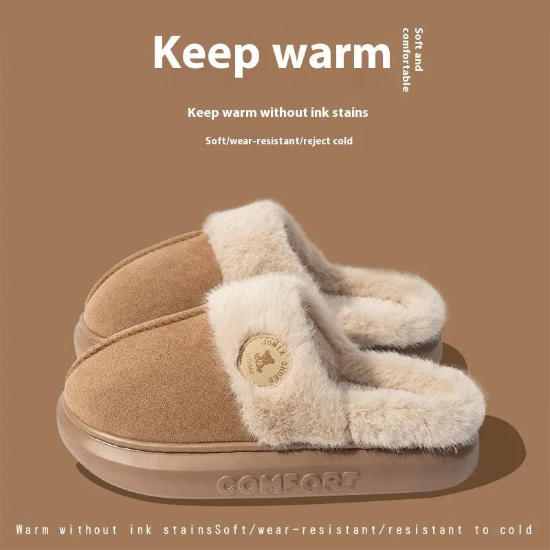 Pair of thick-soled plush fleece slippers for men and women with a textured upper and PVC sole.