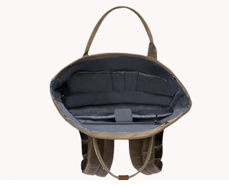 Casual black polyester backpack showing cover opening and front design.