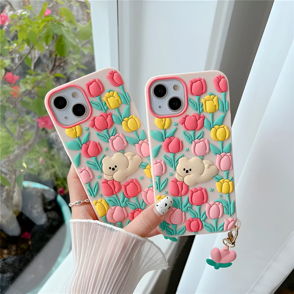Creative cartoon bear tulip flowers pink silicone phone case with pendant for Apple iPhone