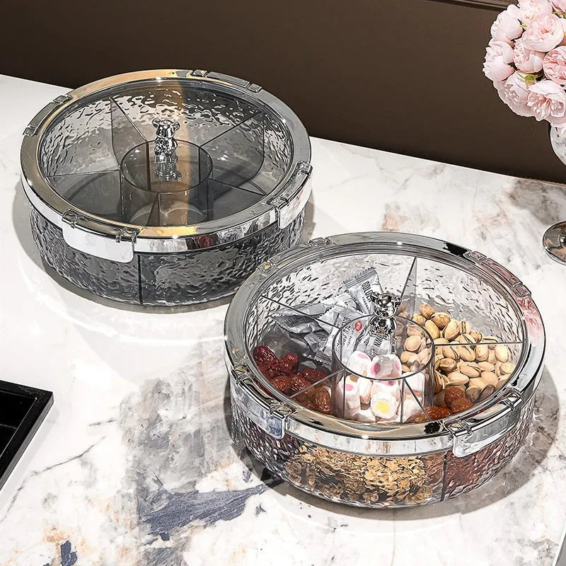 Sealed plastic candy box with lid for dried fruit and nuts, shown in milk silver or transparent grey silver