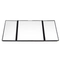 Silver car folding makeup mirror shown closed at 15.5cm and open at 30.5cm width.