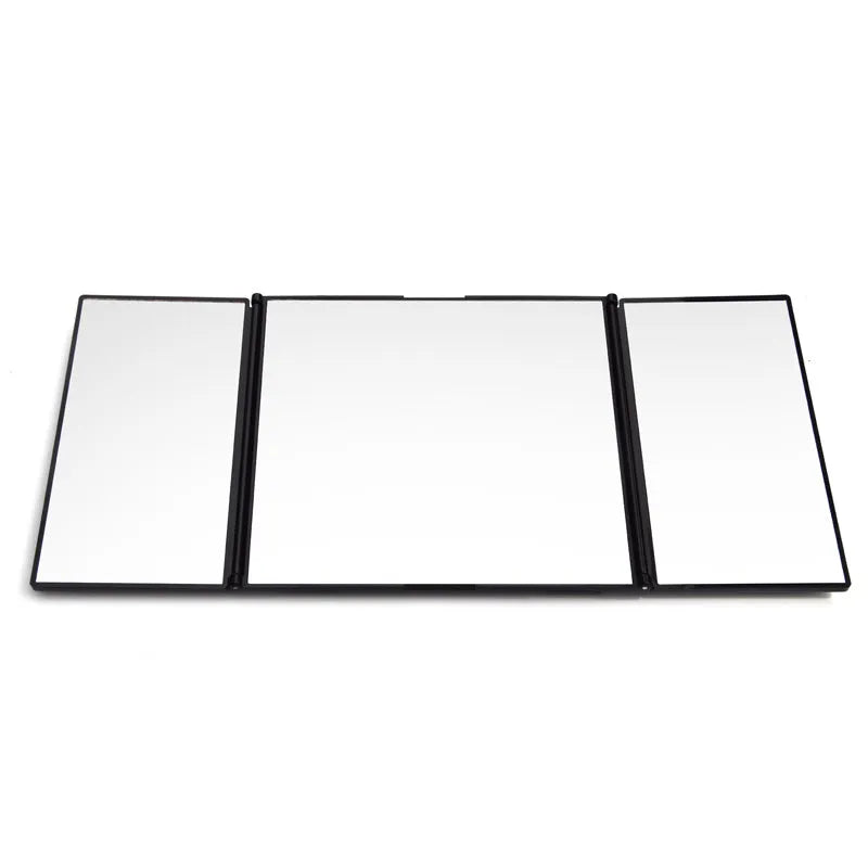 Silver car folding makeup mirror shown closed at 15.5cm and open at 30.5cm width.