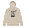 A person wearing a beige fleece-lined hooded zip-up sweatshirt, shown in a loose fit.