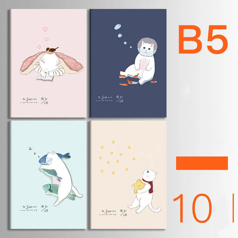 Pack of 10 A5 and B5 soft cover kraft paper notebooks with various designs, showing thread binding.