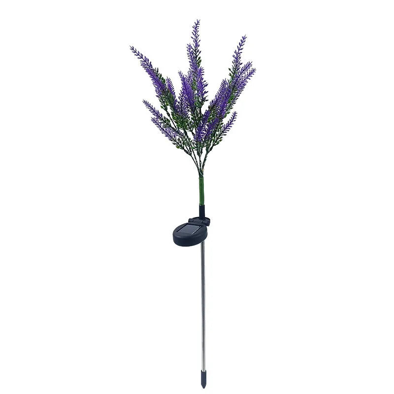 74cm tall solar-powered lavender-shaped LED garden light with stainless steel stem in a flower bed.
