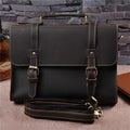 Men's genuine cowhide crazy horse leather handbag 13-inch dark brown lock closure retro style