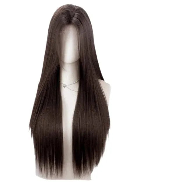 Full-head forehead lace wig in long straight style with hairnet, clip, comb, bracket and bottle of care solution.