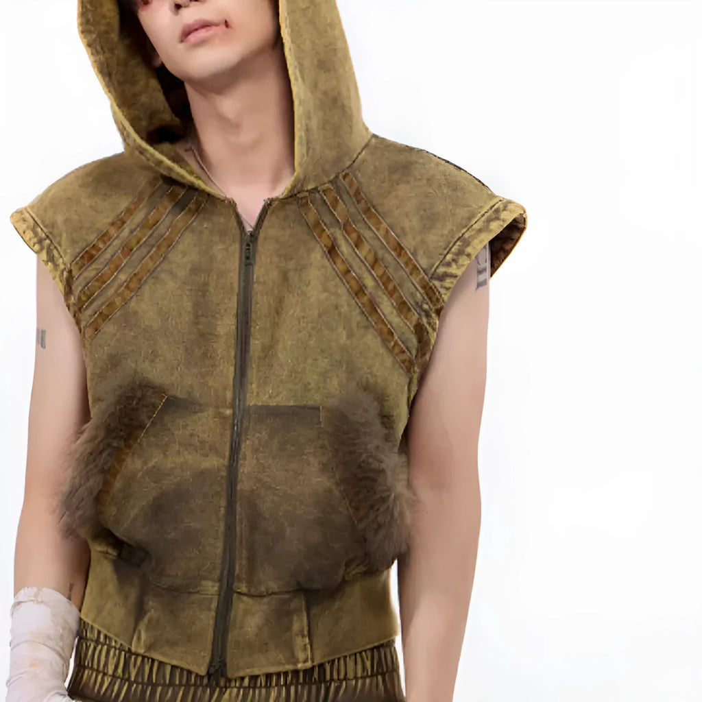 Stitching fur washed sleeveless hooded vest in black and gray - front zipper, short length, Korean style for teenagers