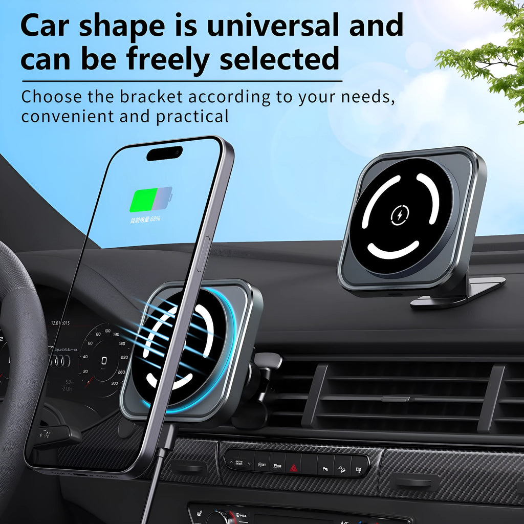 Magnetic car wireless charger holder M69 with USB output and 2A fast wireless charging for in-car phone mounting