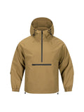 Man wearing a light grey loose-fit corduroy half-zip hooded jacket in Korean style.