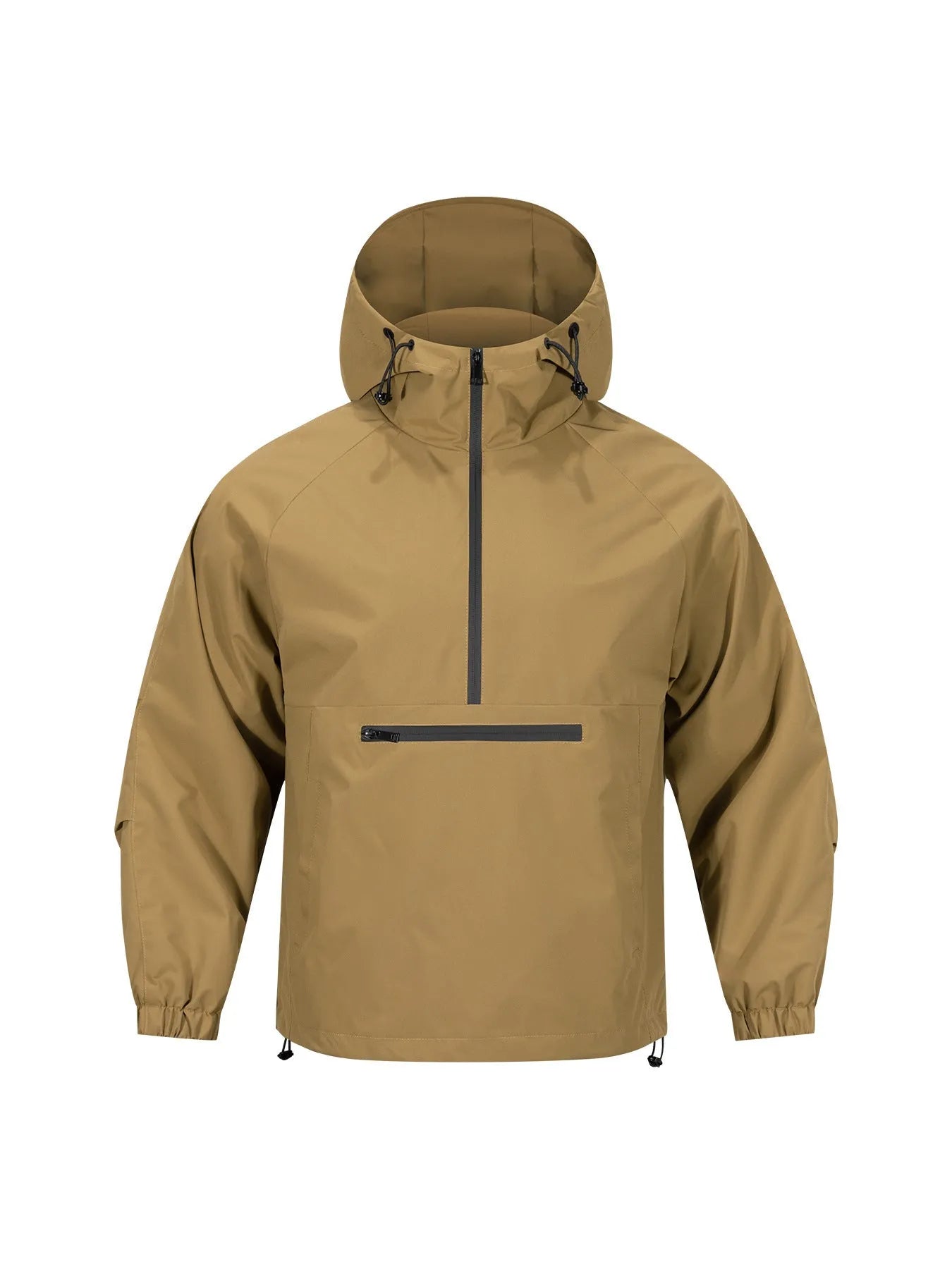 Man wearing a light grey loose-fit corduroy half-zip hooded jacket in Korean style.