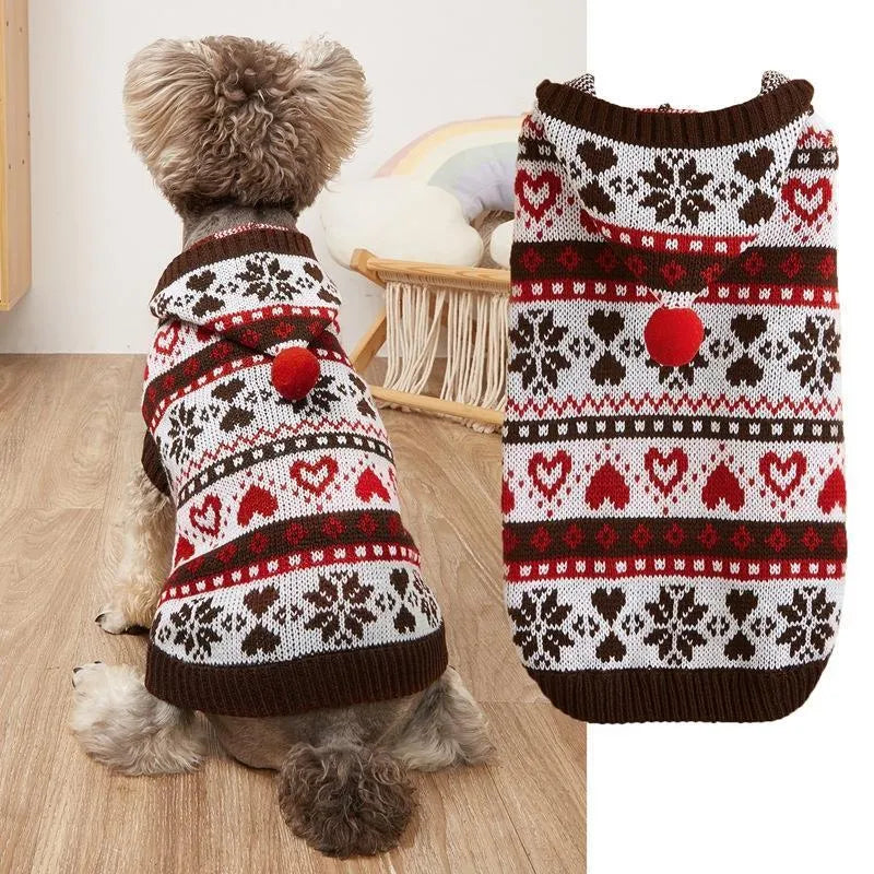 Knitted dog sweater with snowflake and love heart patterns for small breed bichon dogs