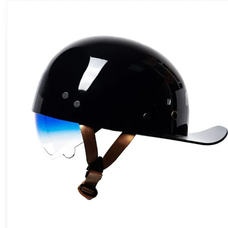 Men's retro electric bike half helmet in bright black with a gradient blue visor