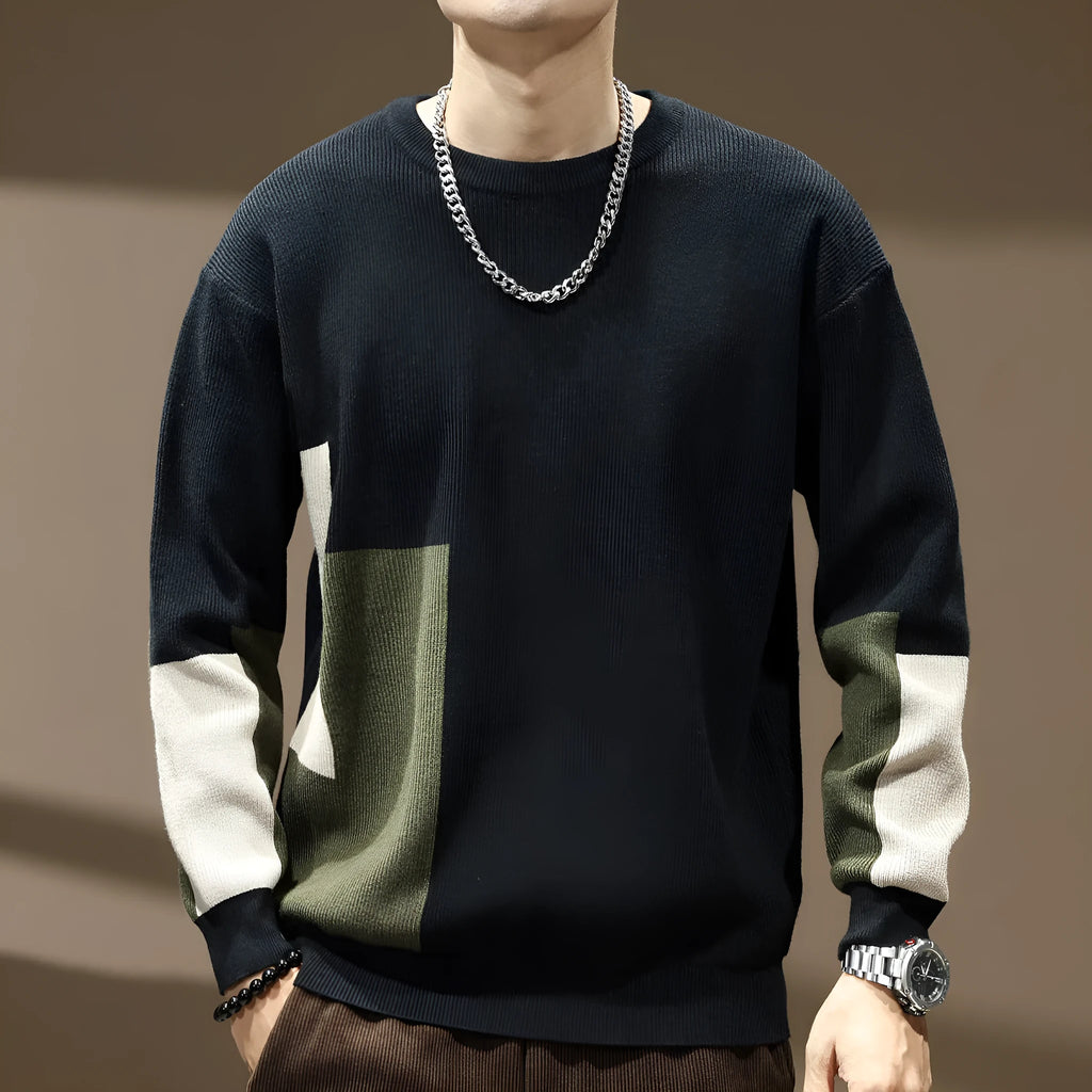 Men's oversized pullover sweater in black or walnut with colour contrast patchwork and long sleeves