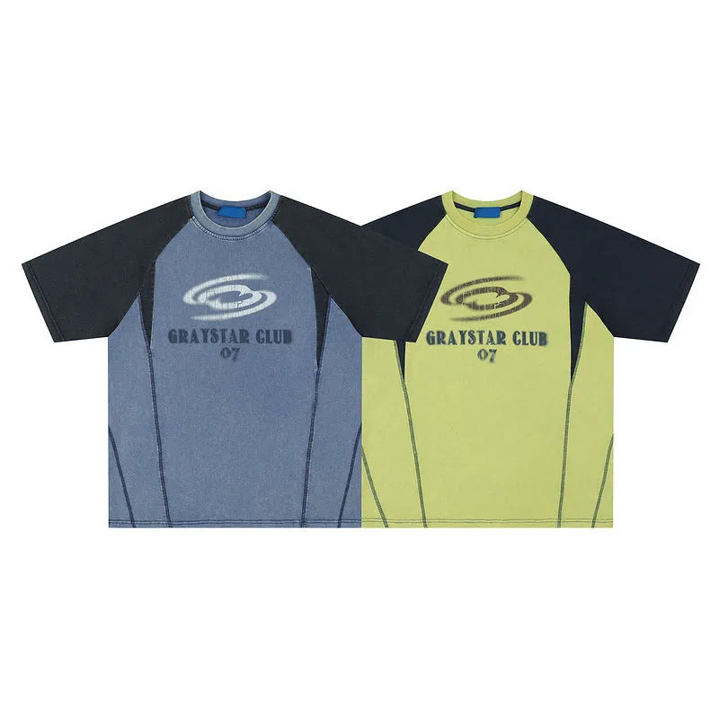 Blue men's hip hop letter print t-shirt with raglan sleeves on a hanger.