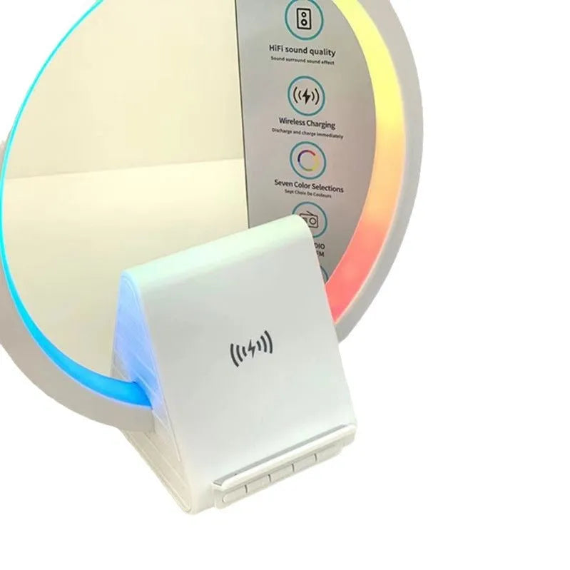 White smart Bluetooth speaker with wireless charging surface and LED ambience lighting