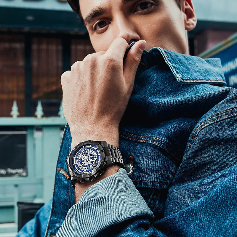 Men's waterproof luminous quartz watch with steel band in three colour options