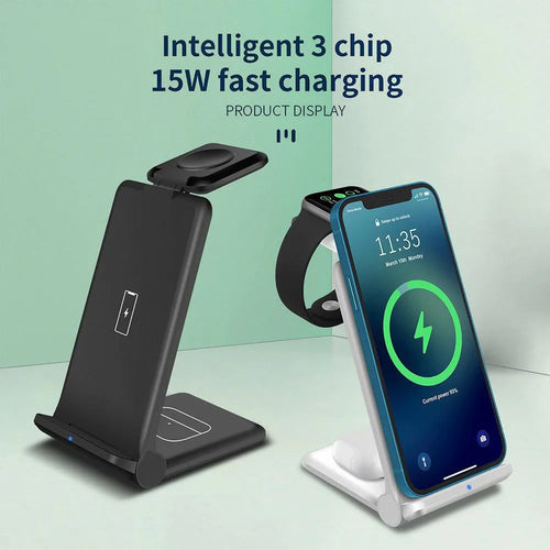 Foldable 3-in-1 wireless charging station dock for phone, Apple Watch and AirPods in black and white.