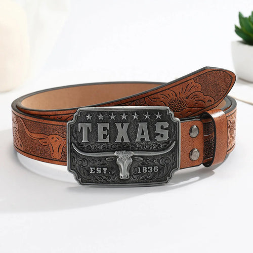 Brown PU leather belt with alloy cow head buckle, 120cm length, western retro style