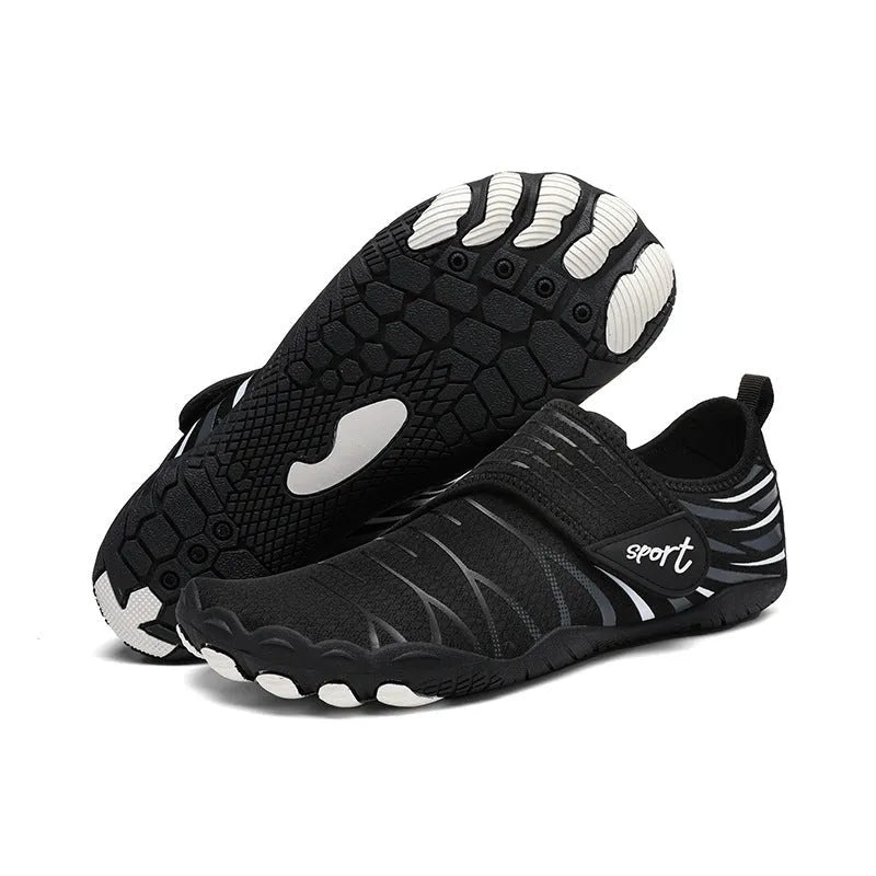 Pair of men and women outdoor wading shoes with mesh upper and rubber sole in black