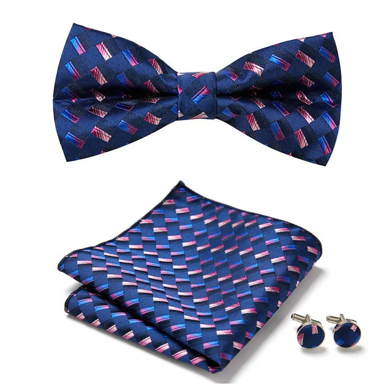 Floral Bow Tie Set of Three Pieces Polyester Yarn Hand-Sewn 12cm by 6cm Bow Tie with Matching Pocket Square 25x25cm and Cufflinks 1.5cm for Men's Formal Wedding and Party Accessories Multistyle Options