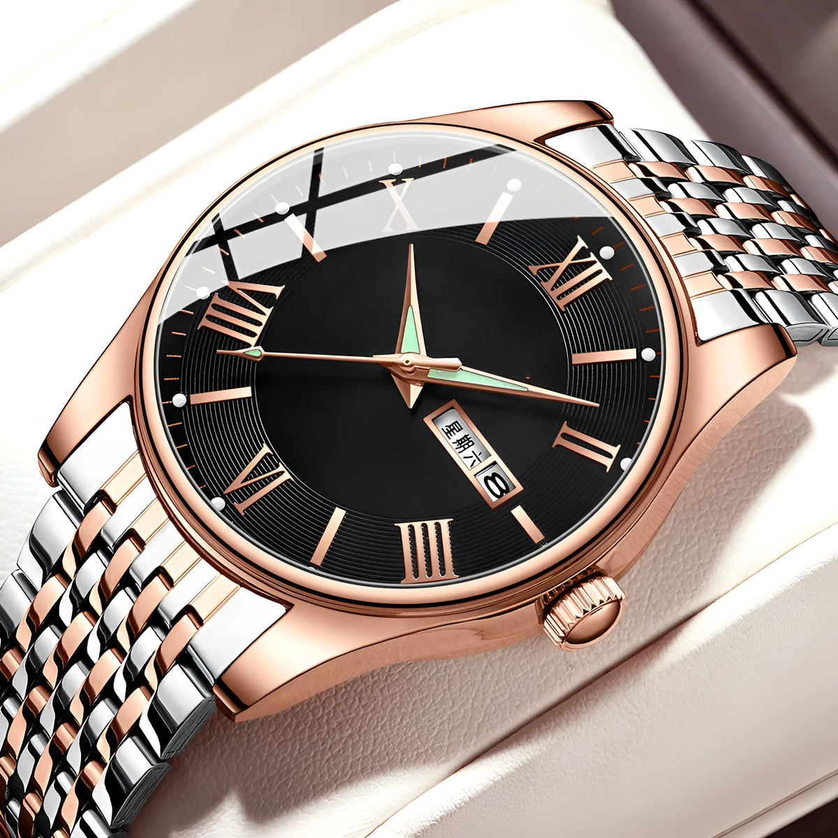 Steel belt quartz watch with stainless steel strap, alloy case, and 30M waterproof rating in black rose and silver colourways