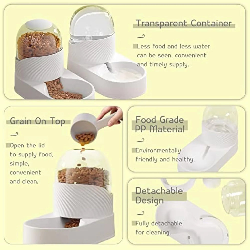 White automatic gravity cat feeder and water dispenser set on a floor.
