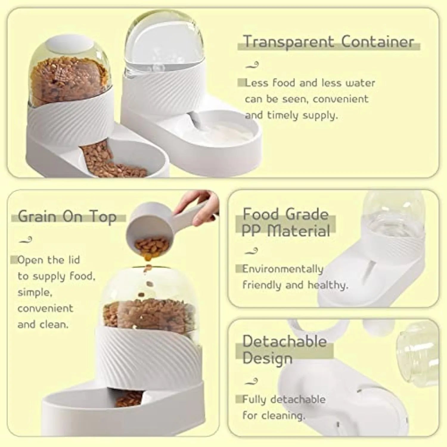 White automatic gravity cat feeder and water dispenser set on a floor.