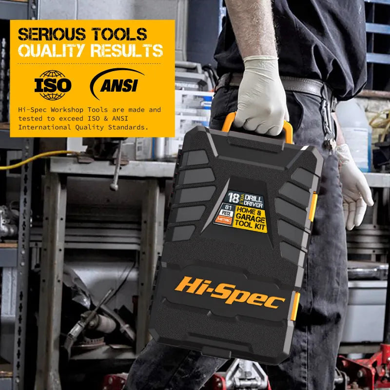 Grey yellow 82-piece chrome-vanadium steel tool set in a hard black case for furniture installation.