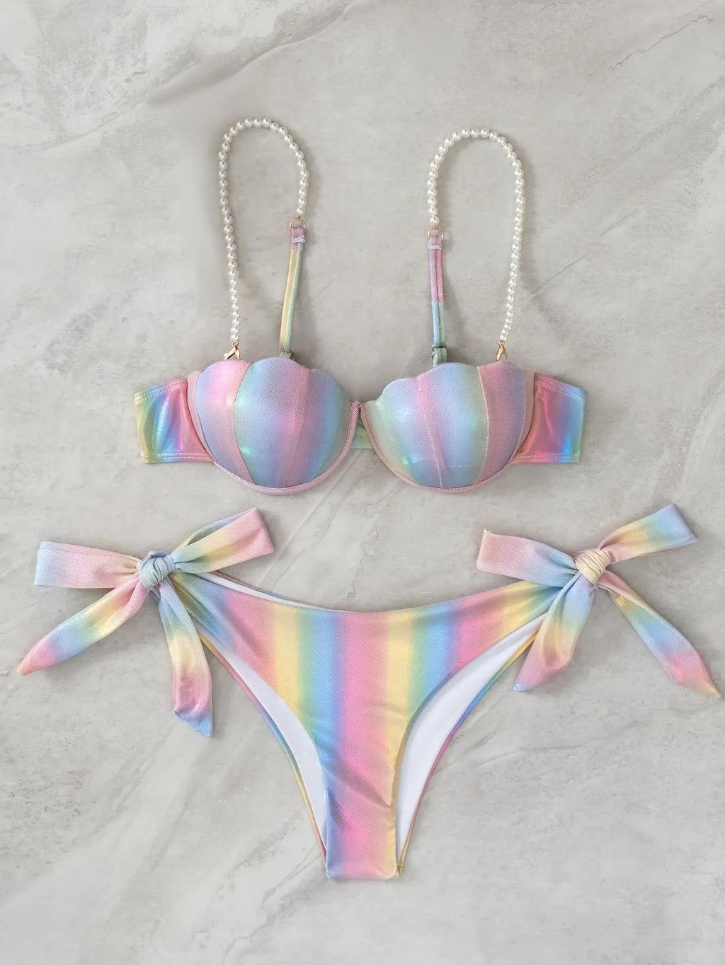 Women's shell rainbow pattern bikini swimsuit with split design and tied back detail