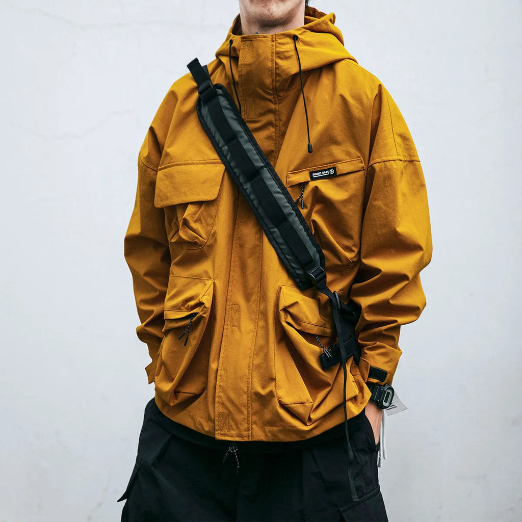 Men's loose hooded windproof jacket with three-dimensional side seam pockets in black, yellow, or green, sizes M to XXXL
