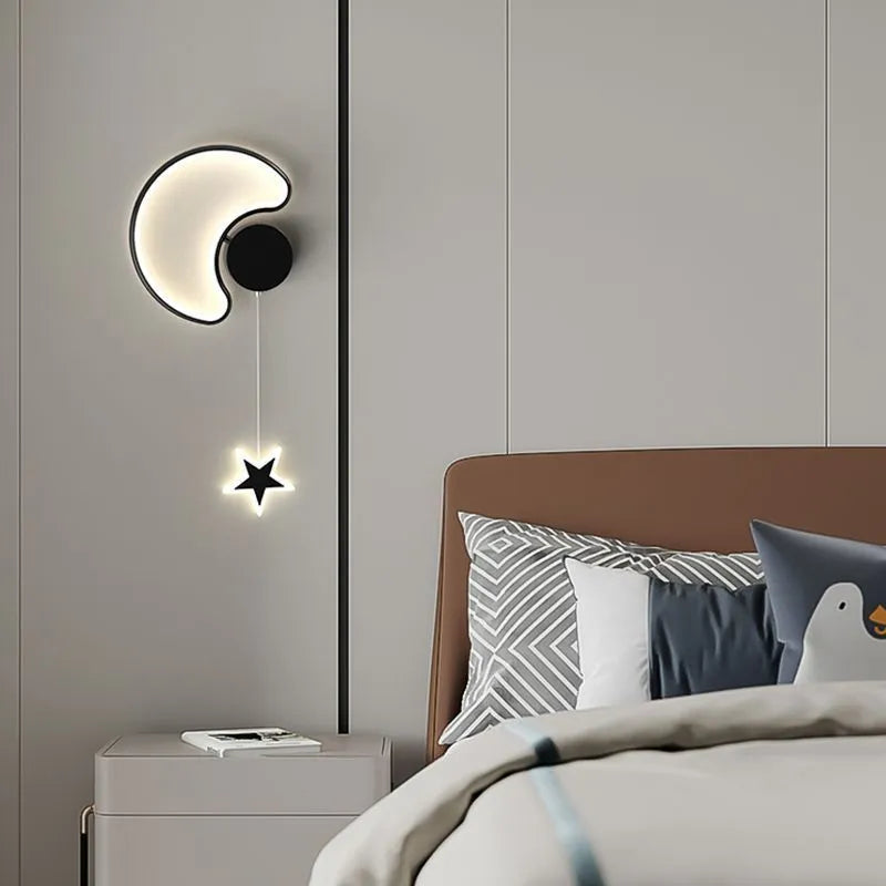 Cartoon cloud and five-pointed star themed bedside wall lamp for a child's room.