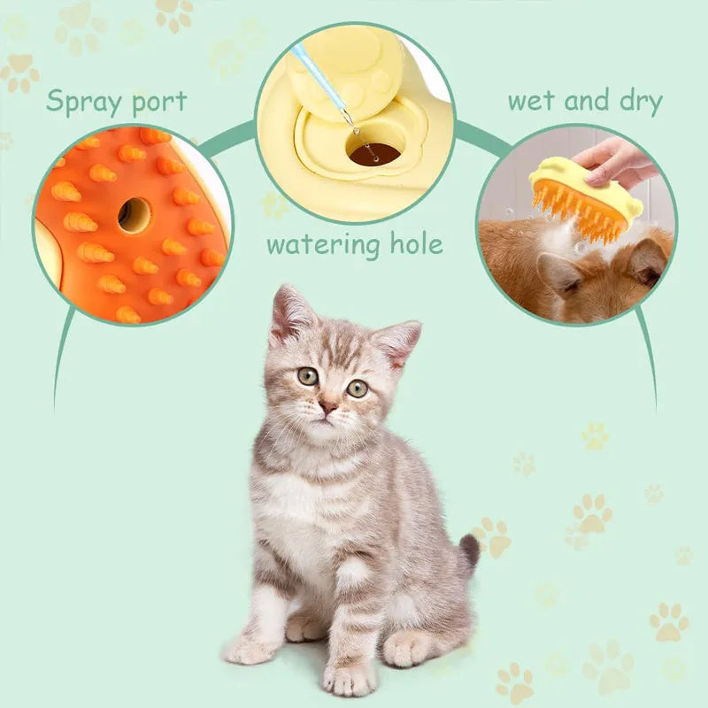 3-in-1 steamy pet grooming brush with ergonomic handle for cats and dogs