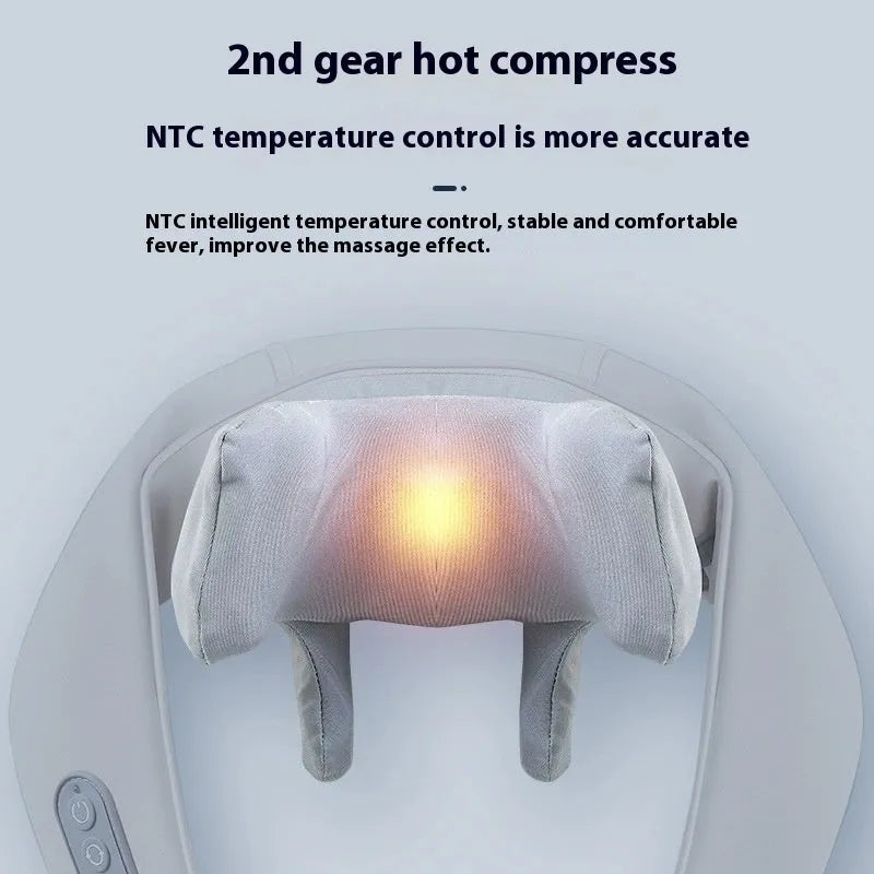 Gray USB-rechargeable neck and back massager with elastic fabric, shown with charging cable.