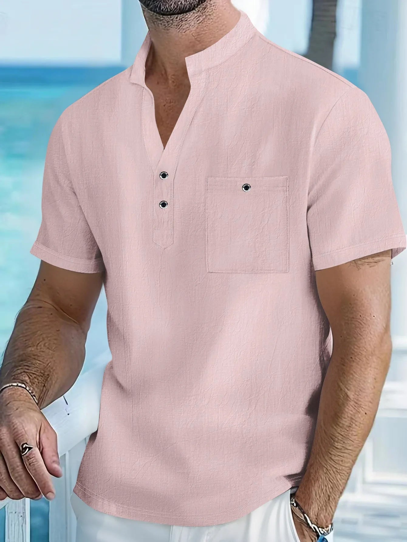 Men's linen blend stand collar t-shirt in loose pullover style available in multiple colours