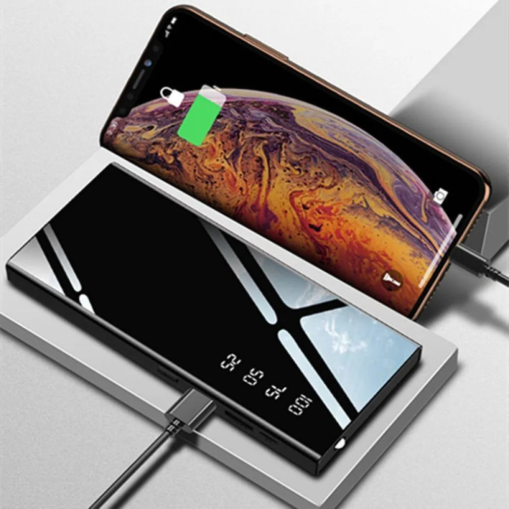 Black 20000mAh portable power bank with LCD display showing battery percentage and dual USB ports