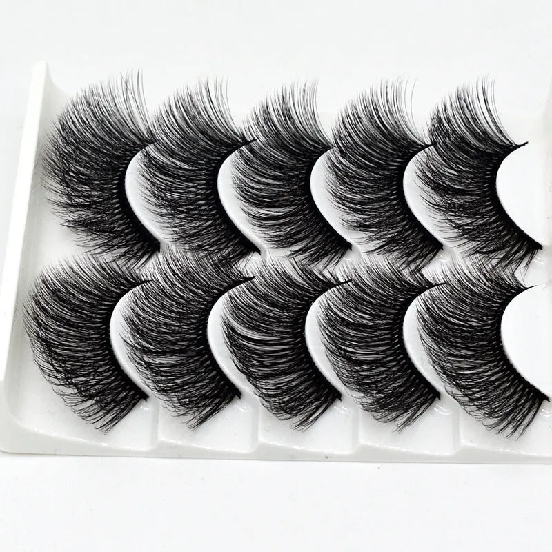 Handmade thick long natural false eyelashes in 3D fiber construction, pack of 5 pairs