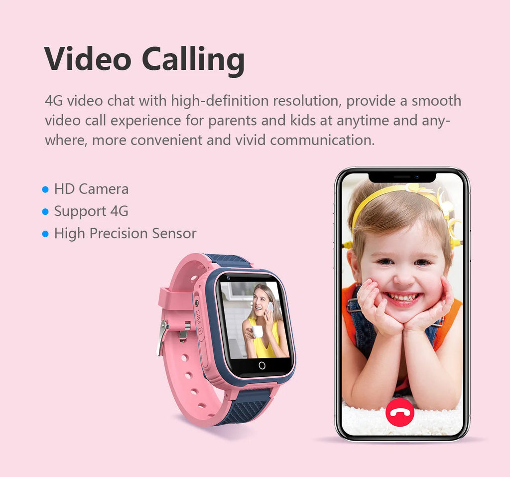 4G kids smart watch with 1.4-inch HD touch screen, GPS positioning, IP67 waterproof design and silicone strap