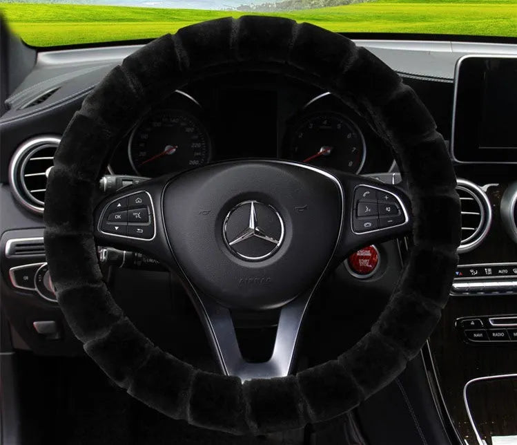 Thick velvet steering wheel cover in beige, non-slip, heavy high density plush, fits 37-38cm steering wheels