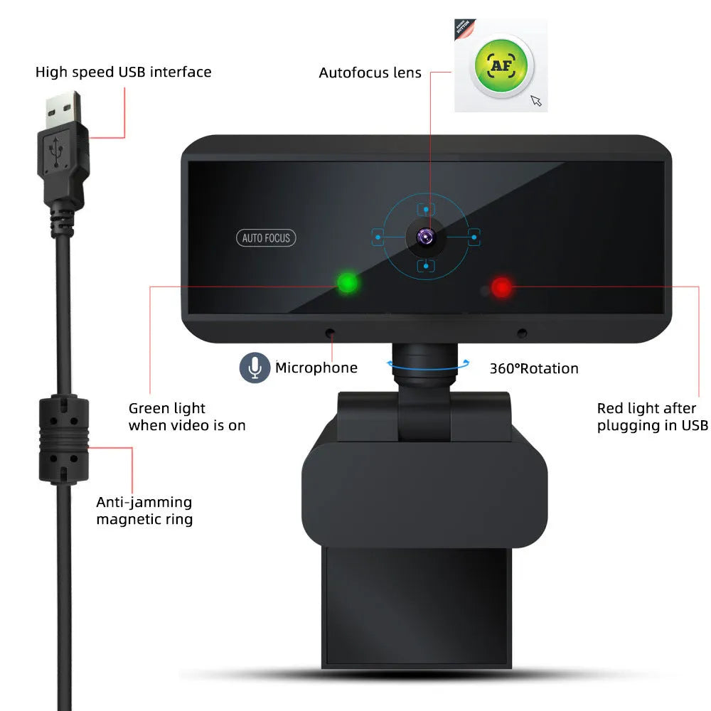 Black USB 2.0 desktop video camera with 5MP CMOS sensor, autofocus, 2592x1944 resolution, and 1.7m cable