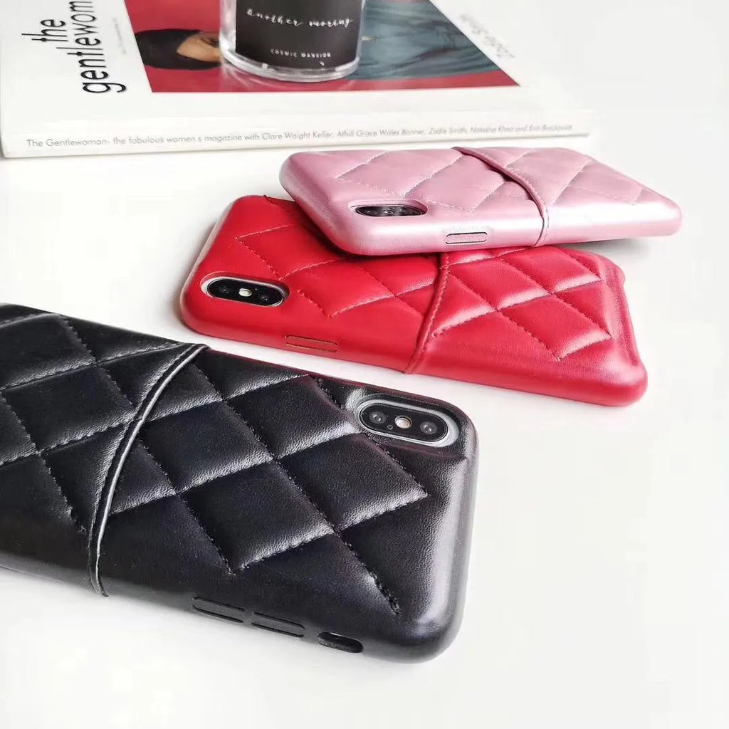 Leather mobile phone case for iPhone, shown in black, pink, and red colour options.
