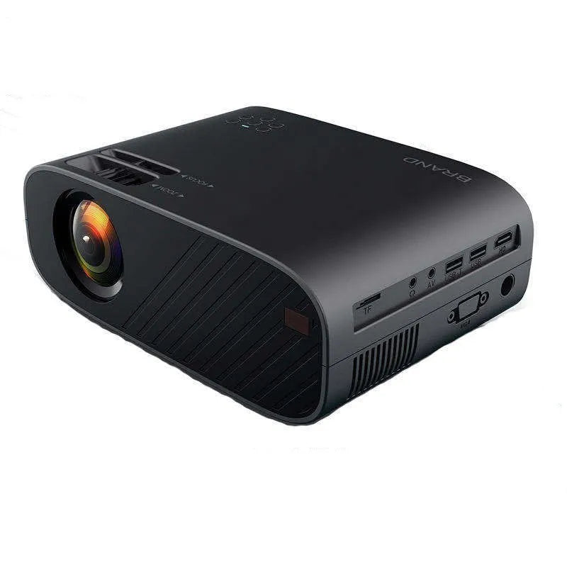 Portable LED smart projector with 18800 brightness, 1920x1080 support, 36-196 inch screen range, black or white.