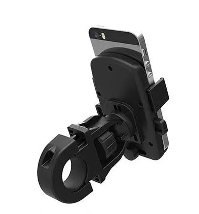 Black ABS plastic bicycle handlebar phone holder with a secondary security rope strap.
