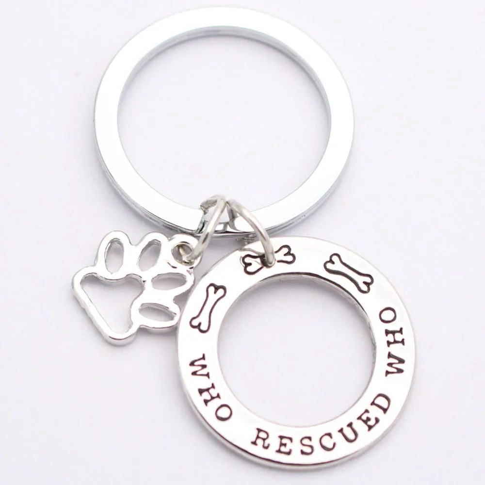 Who Rescued Who dog lover alloy keyring in white electroplated finish