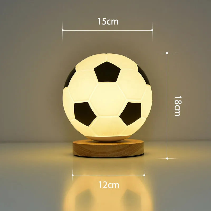 Football LED small night lamp with glass shade, USB plug-in, black and white or wooden frame option