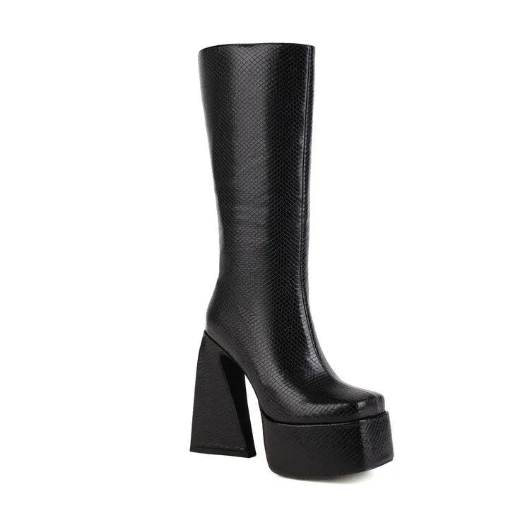 Women's black casual high boot with artificial PU upper, shown from the side.