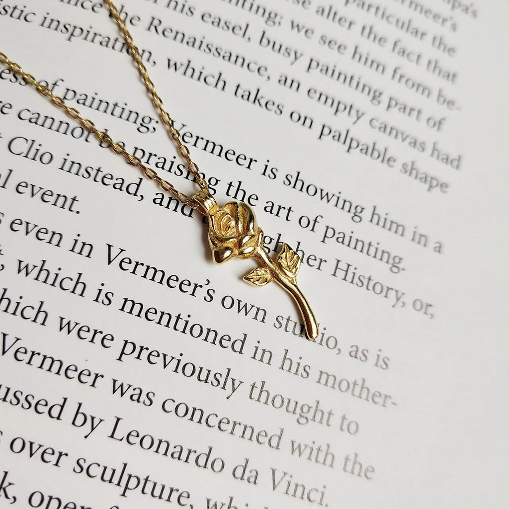 Rose gold necklace with 925 sterling silver gold finish and small rose flower geometric pendant for women