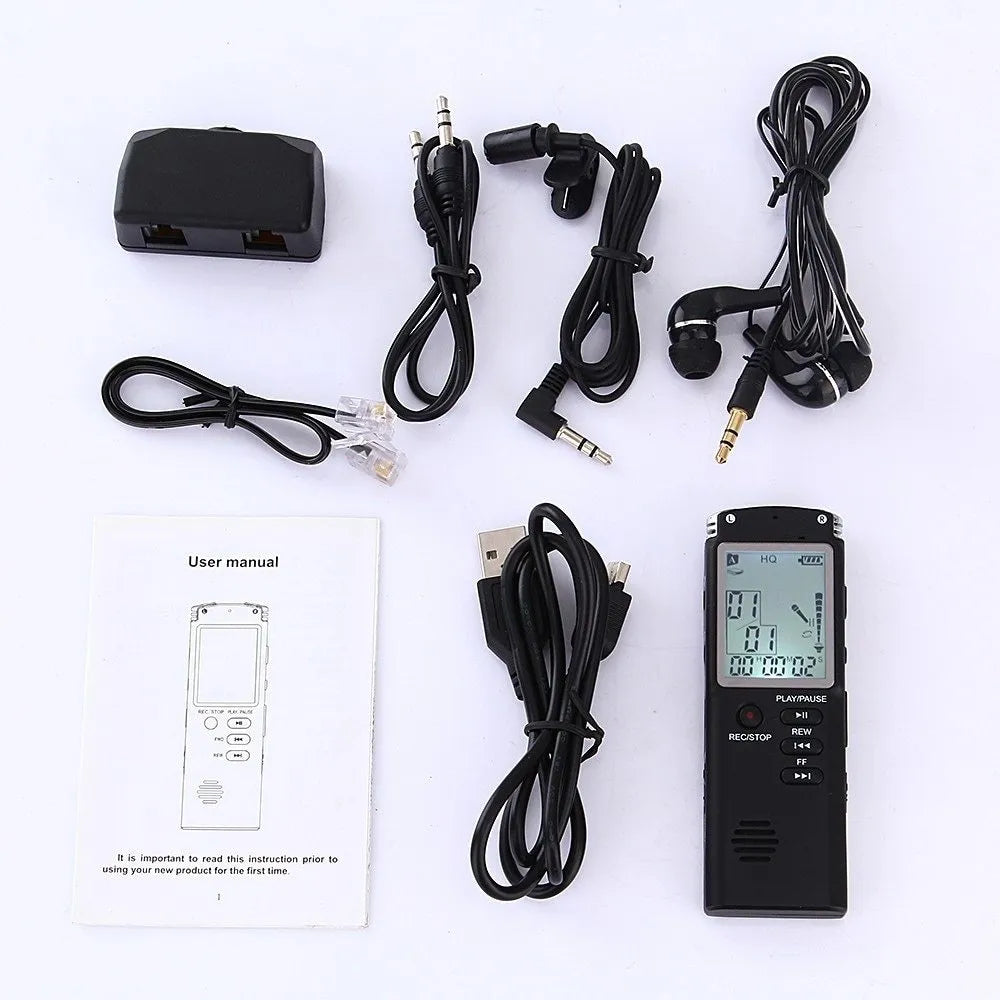 USB professional digital voice recorder with external microphone, compact black design.