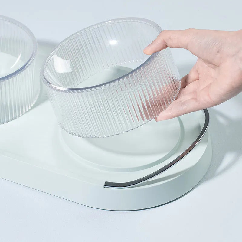 DouBowl Bobo double cat bowl in mint green and plaster white, size M, ABS tray and zinc alloy handle